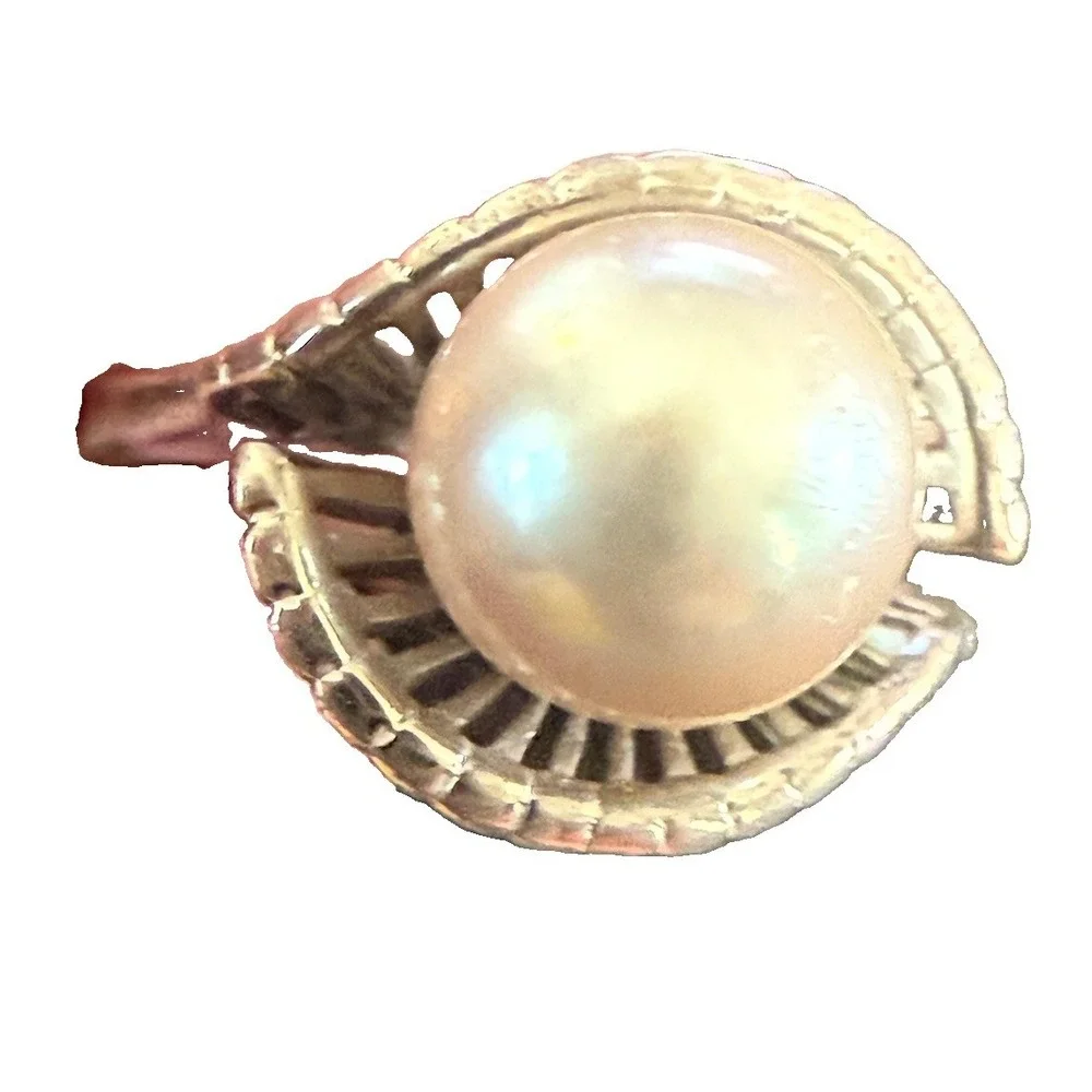Vintage 925 Sterling Silver Clam Shell Pearl Ring Mid Century Fluted Bypass